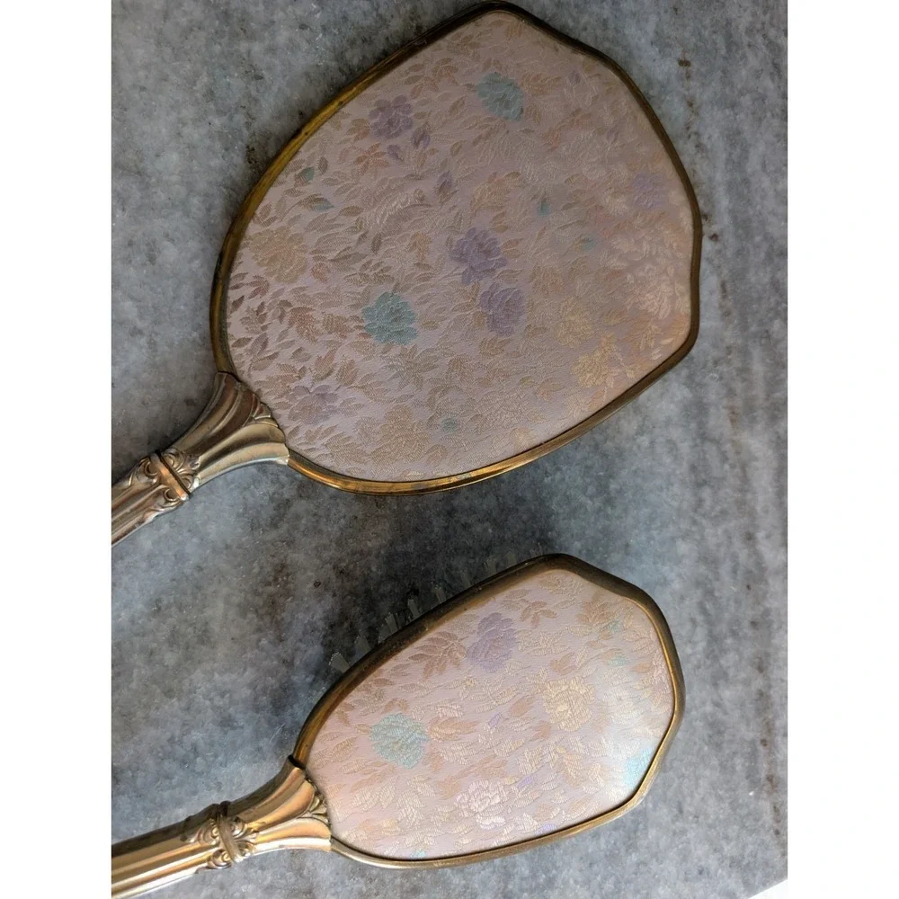 Vintage Mirror and‎ Brush Set Vanity Set Gold Tone Floral Design